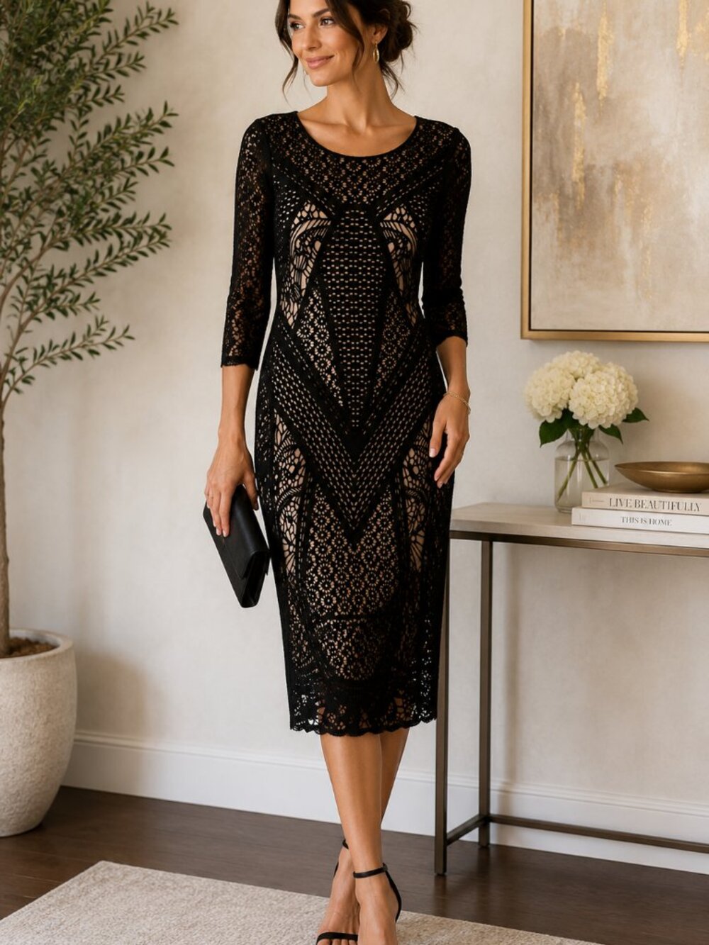Carmen Marc Valvo Black Lace Sheath Dress Medium Nude Lined Midi Cocktail 1240